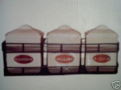 NEW* CERAMIC CANISTER SET 3 CONTAINERS IN WIRE HOLDER  