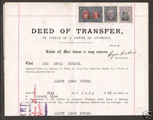 Rhodesia Sc 118c/136 on 1919 Deed of Transfer, Fresh & VF  