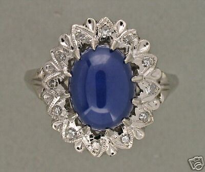   1960s 14K WHITE GOLD MAN MADE LINDE STAR OVAL SAPPHIRE DIAMOND RING