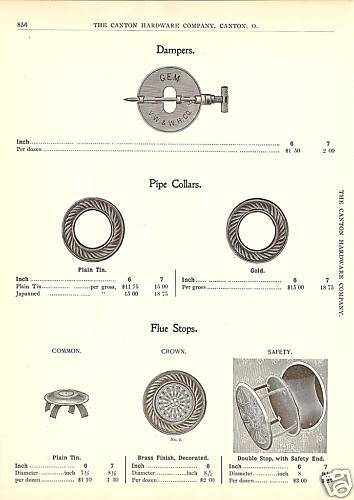 STOVE PARTS DAMPER COLLARS FLUE ANTIQUE 1896 CATALOG AD  