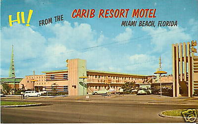 OLD PHOTO POSTCARD Miami Beach FL CARIB MOTEL 1950s CAR  