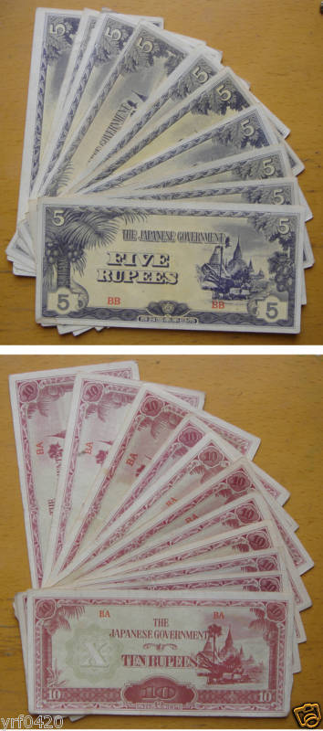 WWII Japanese Government 5 & 10 Rupees Notes 2 Pcs  