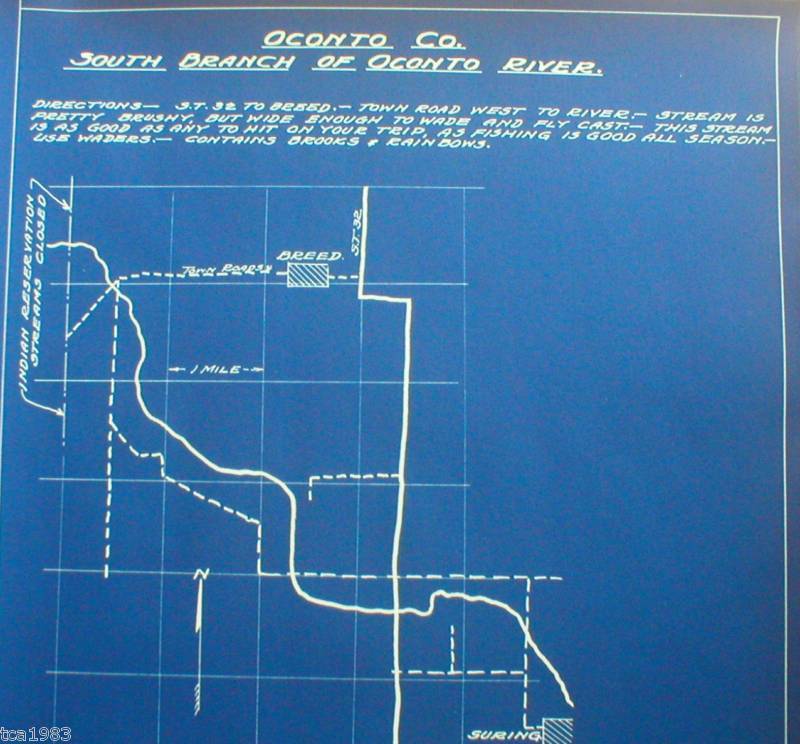 Vintage Wisconsin FISHING MAP OCONTO Co. OCONTO RIVER  